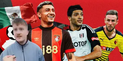 Aficionado inglés junto a Julián Araujo, Raúl Jiménez y Miguel Layún / FOTO X