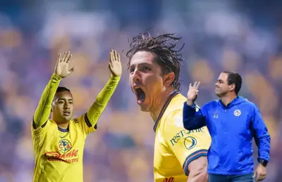 Alan Cervantes gritando gol, Erick Sánchez y André Jardine/ Foto Mexsport.