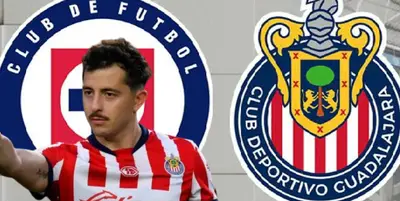 Alan Mozo junto a los escudos de Cruz Azul y Chivas / FOTO BOLAVIP