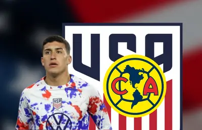 Alejandro Zendejas, escudo del América y logo del USMNT/Foto 4k Wallpapers.