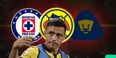 Alexis Sánchez junto a escudos de Cruz Azul, América y Pumas / FOTO GETTY IMAGES