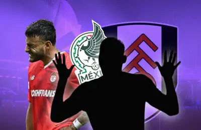 Alexis Vega, silueta de jugador y escudos de Fulham y Selección Mexicana/Foto Infobae.