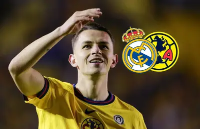 Álvaro Fidalgo y escudos del Real Madrid y América/ Foto Getty Images.