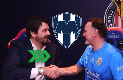 Amaury Vergara estrechando la mano de Gabriel Milito y escudo de Monterrey/Foto Chivas.