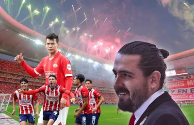 Amaury Vergara sonriendo, futbolistas de Chivas celebrando e Hirving Lozano/ Foto Diario ESTO.