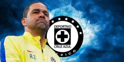André Jardine en un partido del América y al fondo el escudo de Cruz Azul / Foto Mexsport