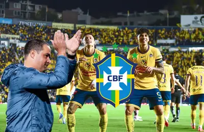 André Jardine, escudo de Brasil y jugadores del América/ Foto Mexsport.