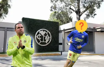 André Jardine frotándose las manos y futbolista del América con el rostro tapado/ Foto Águilas.