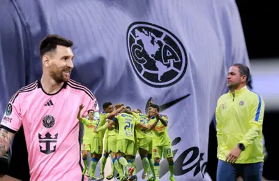 André Jardine junto a jugadores del América y Lionel Messi observando feliz/ Foto Club América.