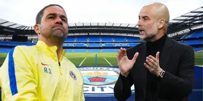 André Jardine y Pep Guardiola y al fondo el Estadio del City / Foto EFE