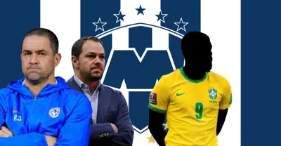 André Jardine y Santiago Baños junto al escudo de Rayados / FOTO FACEBOOK