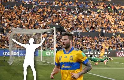 André Pierre Gignac corriendo y silueta de futbolista celebrando/ Foto Tigres.