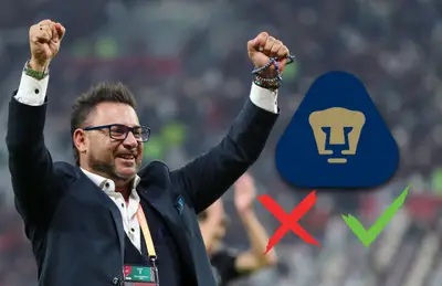 Antonio Mohamed celebrando y logo de Pumas/Foto TUDN.