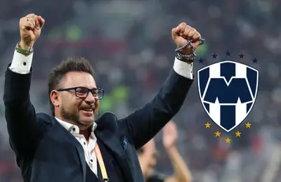 Antonio Mohamed y logo de Rayados/Foto TUDN.