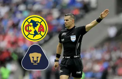 Árbitro Fernando Hernández y logos de América y Pumas/ Foto La Jornada.