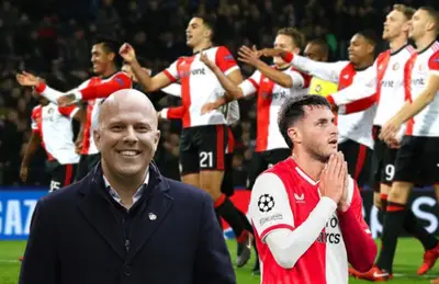 Arne Slot sonriendo y Santiago Giménez con las manos alzadas/ Foto Feyenoord.
