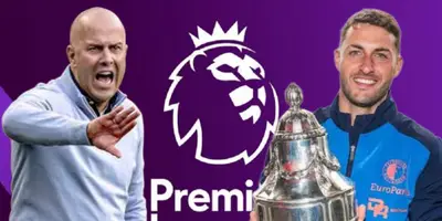 Arne Slot y a lado Santiago Giménez, al fondo el logro de la Premier League / Foto EFE