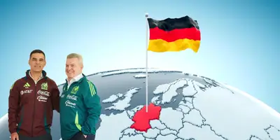 Bandera de Alemania tomada de Canva, con Aguirre y Márquez al frente