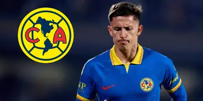 Brian Rodríguez junto al escudo del América / FOTO TV AZTECA