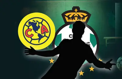 Bruno Barticciotto en forma de sombra y escudos de América y Santos/Foto Contra Punto Noticias.