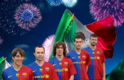 Canteranos del FC Barcelona y bandera de México/Foto La Prensa de Minnesota.