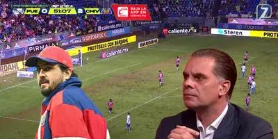 Captura de TV Azteca de fondo, con Martinoli y Amaury al frente