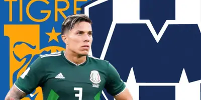 Carlos Salcedo junto a los escudos de Tigres y Rayados / FOTO JUANFÚTBOL