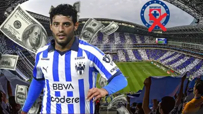 Carlos Vela con billetes volando, escudo de Cruz Azul con tache en el Gigante de Acero Foto: Récord