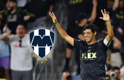 Carlos Vela con las manos al aire y logo de Monterrey/Foto Leagues Cup.
