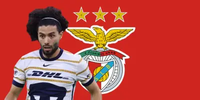 César Huerta junto al escudo del Benfica / FOTO GETTY IMAGES