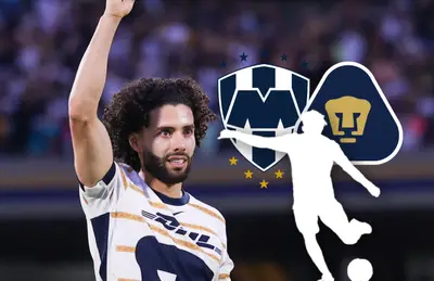 César Huerta saludando, silueta de jugador y escudos de Monterrey y Pumas/Foto Facebook.