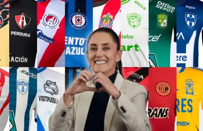 Claudia Sheinbaum haciendo corazón y playeras de equipos/ Foto Todo sobre camisetas.