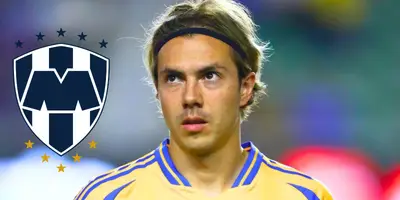 Córdova en partido, foto de Getty, con escudo de Rayados