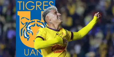 Cristian Calderón junto al escudo de Tigres / FOTO CLARO SPORTS