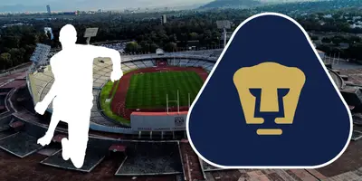 CU de fondo, con escudo de Pumas al frente
