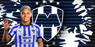 Cucho Hernández junto al escudo de Rayados / FOTO INSTAGRAM