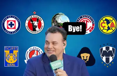 David Faitelson con micrófono, equipos de la Liga MX y la palabra bye/ Foto Fox Sports.