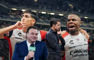 David Faitelson riendo, Fernando Gago preocupado y jugadores celebrando/Foto Atlas.