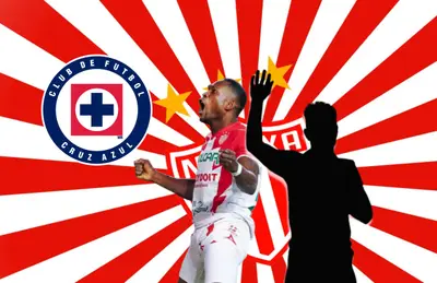 Diber Cambindo, escudo de Cruz Azul y silueta de jugador/Foto Pasión Rojiblanca.