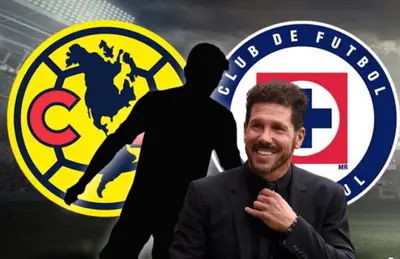Diego Simeone, silueta de Juan Sanabria y escudos de América y Cruz Azul/ Foto Claro Sports.