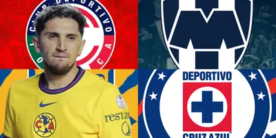 Diego Valdés junto a escudos de Toluca, Tigres, Rayados y Cruz Azul / FOTO SOY FÚTBOL