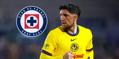 Diego Valdés junto al escudo del Cruz Azul / FOTO TV AZTECA