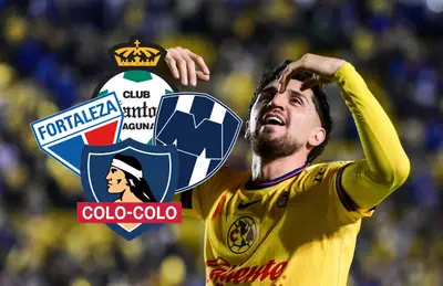 Diego Valdés y escudos de Fortaleza, Colo Colo, Rayados y Santos Laguna/Foto Fútbol Total.