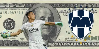Dólar de fondo, tomado de Canva, con Rangel y escudo de Rayados