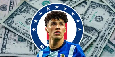 Dólares de fondo y el escudo de Cruz Azul con Jorge Sánchez en primer plano. Imagen: Canva.