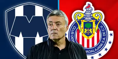 Domènec Torrent junto a los escudos de Monterrey y Chivas / FOTO SOY FÚTBOL