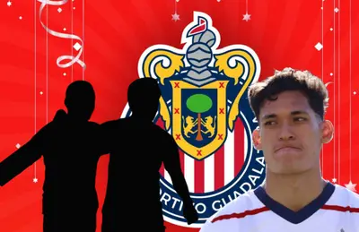 Dos jugadores en forma de silueta y Jesús Orozco haciendo gestos/ Foto Chivas.