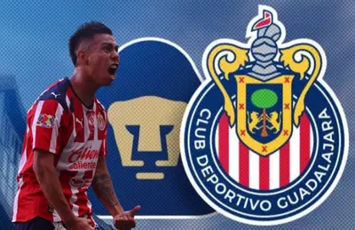 Efraín Álvarez y escudos de Pumas y Chivas/ Foto Players.