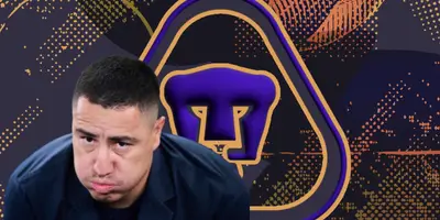 Efraín Juárez junto al escudo de Pumas / FOTO ESTO