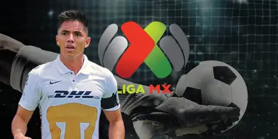 Efraín Velarde junto al escudo de la Liga MX / FOTO DIARIO DE MORELOS